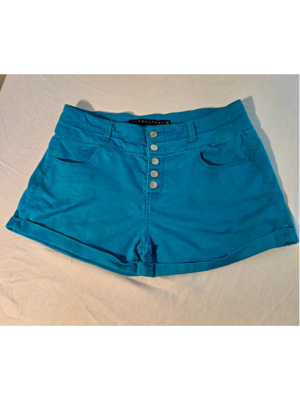 Tinseltown Women’s High Rise Button Fly Stretch Denim Shorts Turquoise Size 13 W